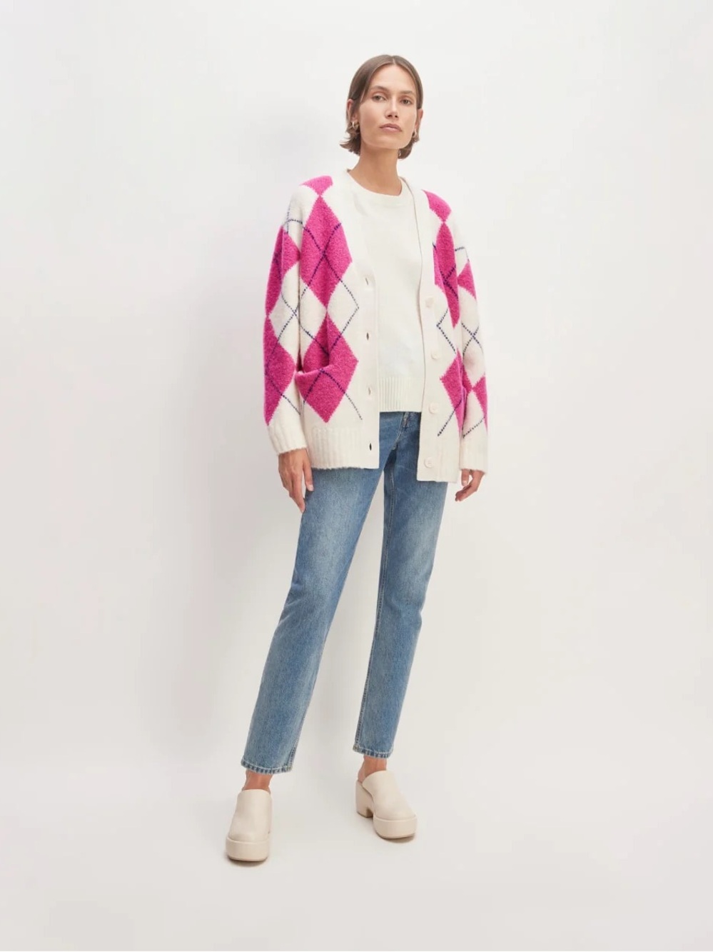 Everlane SuperFuzz Alpaca Cardigan - Pink/White/Blue Argyle